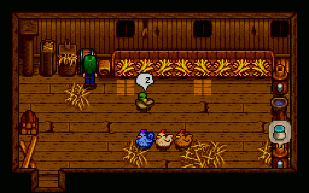 The inside of a coop in Stardew Valley.